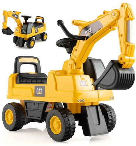 RELAX4LIFE Escavatore Ruspa Cavalcabile da 1-3 Anni per Bambini, con Licenza CATERPILLAR,Clacson suono,Braccio Girevole e Alzabile e e Vano Contenitore, 30x74x54 cm