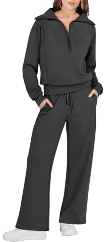 ORANDESIGNE Donna Completi Due Pezzi Set Tuta da Ginnastica Zip a Quarto di Dollaro Felpa Oversize Pantalone a Gamba Larga Autunno Set da Salotto Tuta da Ginnastica A Nero XS