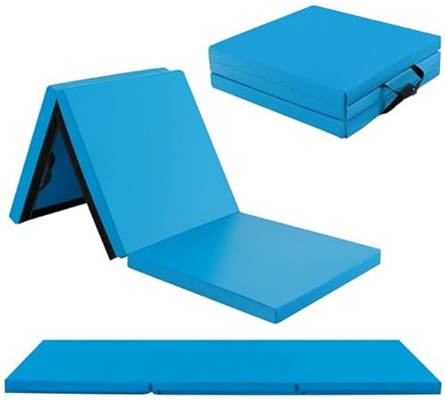GOPLUS Esterilla de Yoga de 3 Pliegues, 180 x 60 x 5 cm, Colchoneta de Ejercicio con Asas de Transporte, PU/Algodón de Perla EPE, Alfombrilla Ligera para el Gimnasio en Casa (Azul)