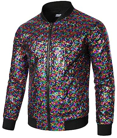 JOGAL - Giacca da uomo metallizzata con paillettes anni 70, bomber da baseball, per discoteca, nightclub, feste in maschera, multicolore, L
