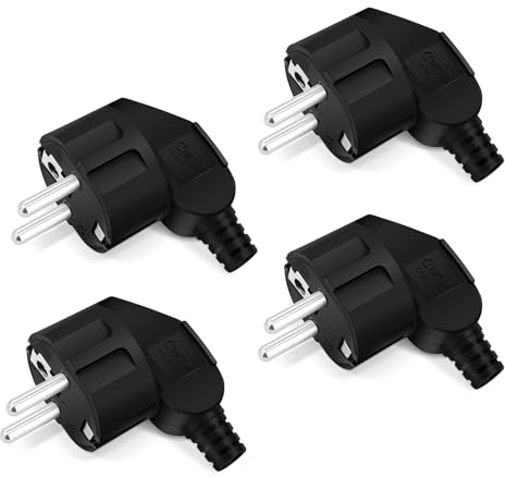 4 Stücke Schuko Stecker, IP20 Schuko Stecker für den Innenbereich, Europa-Stecker Kunststoff 250V (16A) für 8-10mm Kabel, IP20 für den Innenbereich - Schwarz