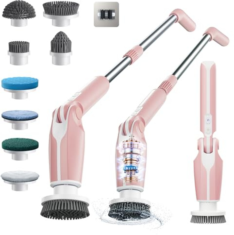 Leebein Electric Spin Scrubber, Shower Scrubber with 4 Adjustable Angles and 8 Brush Heads, Electric Scrubber with Long Handle & Remote Controller, Cleaning Brush for Bathroom, Tub, Floor (Pink)