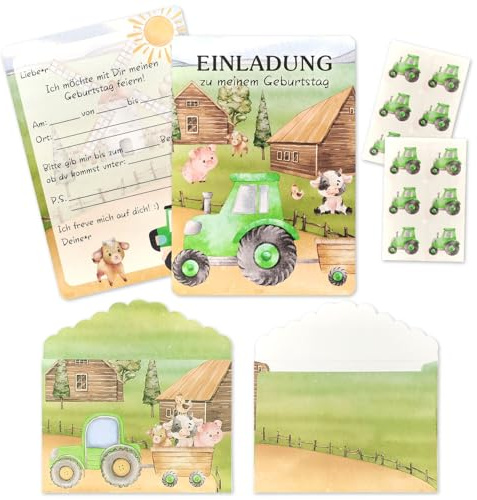 12x Tarjetas de invitación de cumpleaños infantil,con Sobres Calcomanías,Invitaciones para la Fiesta de los tractor,Tarjetas de invitación para cumpleaños,tarjetas de invitación para niños,niñas