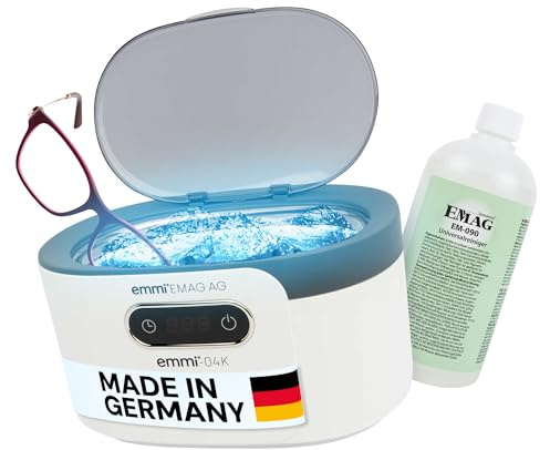Emmi-04K Limpiador ultrasónico con tanque de acero inoxidable – Dispositivo ultrasónico de 0,6L para joyas, gafas, relojes e instrumentos dentales con 100ml de EM-090 Limpiador universal