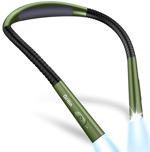 Gritin Book Light, Eye Caring 4-Color&5-Brightness Neck Light Reading Lamp | Stepless Dimming, 30-min Timer,Long-Lasting Rechargeable,Bendable Round Neck Design,Lightweight for Reading-Deep Green