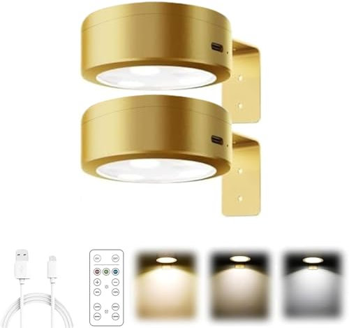 Kouamor 2Pcs Picture Lights for Wall, Magnetic LED Rechargeable Wireless Art Picture Frame Lights, with 3 Color Temps & Remote Control, 3 Lighting Modes Art Display Light, for Paintings (Gold)