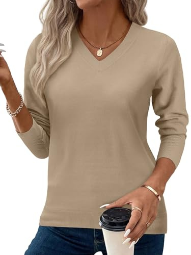 Yutdeng Sweaters for Women UK Long Sleeve V Neck Tops Ladies Cashmere Jumpers Soft Warm Pullover Knitted Sweatshirt Loose Casual Plain Jumpers for Winter Fall Spring,Light Camel,M