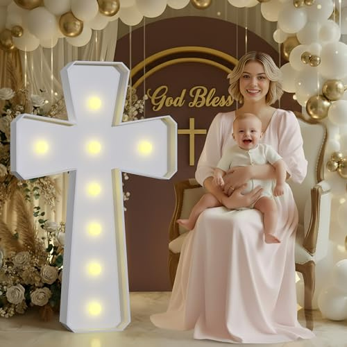 imprsv 3FT Light Up Cross for Baptism Decorations for Girl Boy, Large Marquee Cross for Mi Bautizo Decorations, Big Marquee Mosaic Frame for Baptism First Holy Communion Party Decor