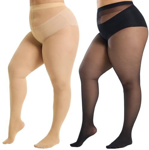 WiliW Tights for Women Plus Size Sheer 40 denier | Control Top, Reinforced Toes,2 Pairs