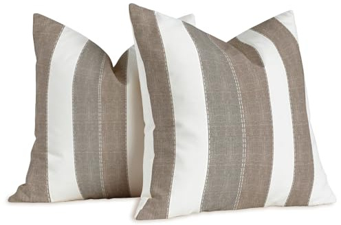 Brylleii Uppsättning av 2 örngott vitt randigt mönster 50 x 50 cm bruna örngott moderna linne dekorativa kuddar vintage soffa kuddfodral för vardagsrum soffa utomhus tvättbart överdrag