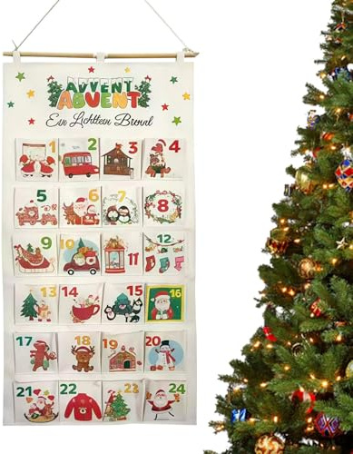 Calendrier de l’Avent - 23,62 pouces Toile de Noël | Tissu Décoratif Suspendu - 24 Sacs Réutilisables pour Bonbons & Cadeaux | Décoration Murale Festive pour Salon, Bureau, Cheminée & Fêtes de Noël