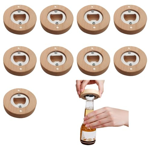 Apribottiglie in Legno Magnetico con Acciaio Inox, Set da 9 Apribottiglie Rotondi 6 cm Eleganti e Compatti per Cucina, Frigo e Regali