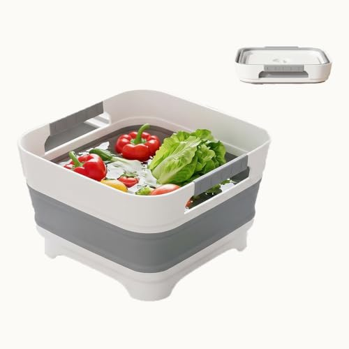 Collapsible Washing Up Bowl, 9L Wash Basin with Drainer Plug(Grey) | Multipurpose Space Saving Food Safe Odour Resistant Easy Rinse Portable Compact Leakproof Smooth Surface for Home Kitchen