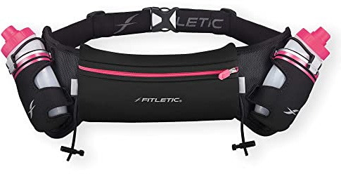Fitletic Hydration Running Belt With Water Bottles For Men & Women – 2 Quick Flow 8oz Running Water Bottles, Patented Bounce Free Design, Water Resistant Pouch Fits All Phones – Hydra 16