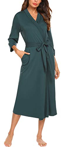 UNibelle Damen Morgenmantel Lange Ärmel Bademantel Kimono Baumwolle Saunamantel V-Ausschnitt Nachtwäsche M A-dunkelgrün