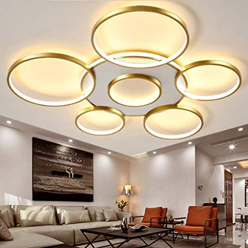 Vardagsrumslampa, LED, dimbar taklampa med fjärrkontroll, ljusfärg/ljusstyrka justerbar, taklampa, metallram, sovrumslampa, modern, stor, sovrum, matsal, pendellampa, guld, 7 huvuden