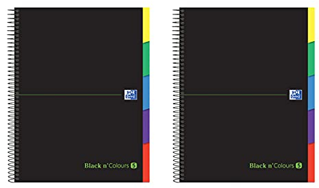 Oxford Black N'Colours Lot de 2 cahiers A4+, micro-perforés, couverture extra rigide, 100 feuilles, quadrillage 5 x 5, lot de 2 carnets, 5 onglets