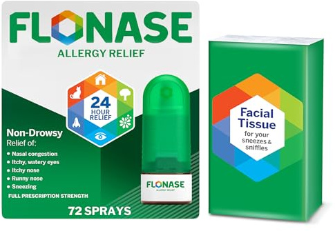 Flonase Allergy Relief Nasal Spray, 24-Hour Non-Drowsy Multi-Symptom Relief - 72 Sprays plus Bonus Pack of Tissues