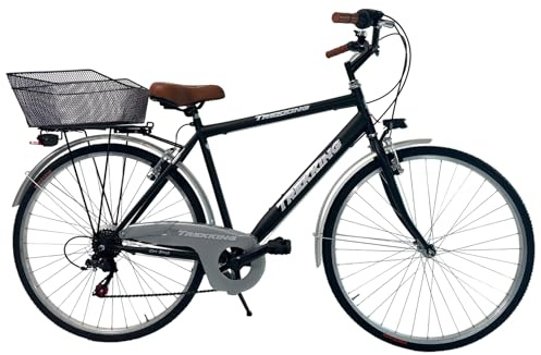 MADICKS Bicicletta Uomo da Passeggio Olanda Trekking City bike Misura 28 Bici da città Vintage retrò Nero Con Cambio (Cestino Anteriore in Ferrro e Borse Posteriori)