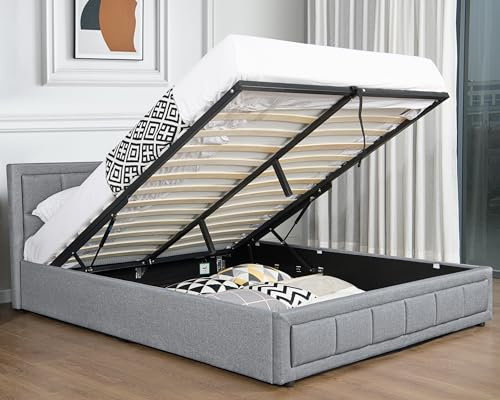 Generic Upholstered Ottoman Bed Super King Bed Frame UKFR Linen Dark Grey Ottoman Storage Bed With Gas Lift End Opening Wooden Slats With Storage Bed (6ft 180 x 200, No Mattress)