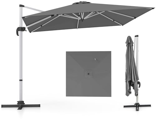 COSTWAY Parasol Déporté 3x3M, Carré de Jardin Avec Base en Croix, Inclinable 5 Angles et Hauteurs Réglables, Excentré Rotatif à 360° Avec Manivelle et Double Toit (Gris)