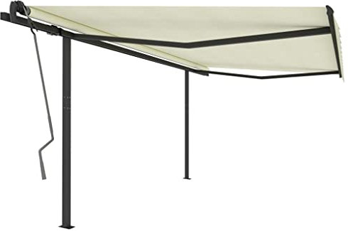 Freistehende Balkon Markise mit Pfosten, Manuell Standmarkise, Handbetrieben Sonnenmarkise Balkonmarkise Sonnenschutz Gelenkarmmarkise für Terrasse Garten, 4x3 m Creme