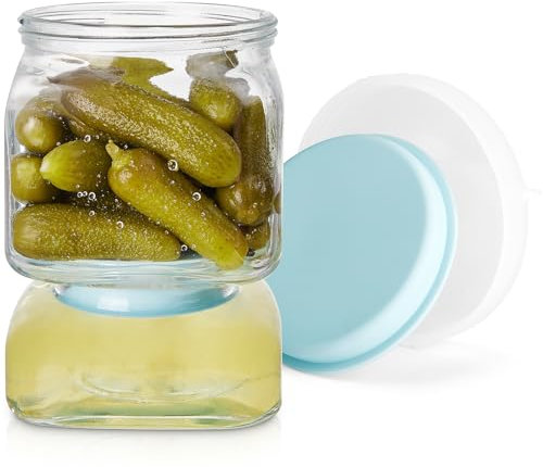 Glass Pickle Jar with Strainer Flip,46 FL OZ Pickle Flip Jar With Double Leak Proof,pickle container with strainer for olives, pickles, gherkins, jalapeños and other pickled foods-Dishwasher Safe-Blue