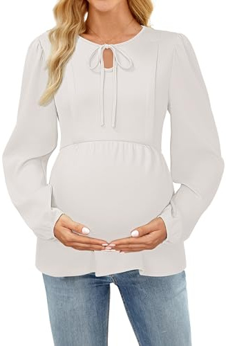 OUGES Womens Maternity Nursing Tops Tie Front Crew Neck Long Sleeve Breastfeeding Shirts Hidden Zipper Business Casual Fall Outfits Pregnancy Must Haves Work Clothes Office Blouse 2025(White,L)