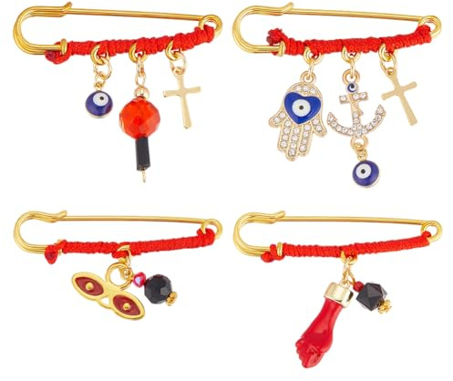 PH PandaHall 4 estilos de broches de mal de ojo con cuerda roja de diamantes de imitación de ojo azul, broche de mano rojo de la suerte, pines de protección para mujer, ropa, bolsos, bufandas