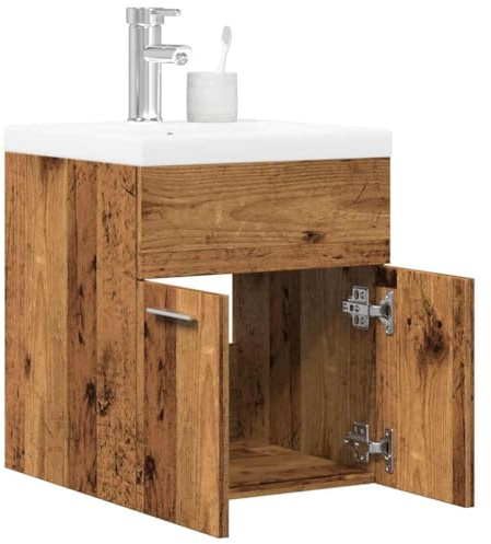 Holamys 2-TLG. Badrumsmöbelset gammalt träutseende, träbaserade material, 41 x 38,5 x 46 cm, med keramiskt tvättställ, praktiskt underskåp för badrum, fuktbeständigt