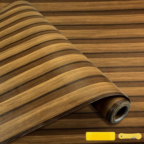 SIMDAO Wooden Slats Panelled Wallpaper, 45cmx600cm Realistic Wood Panel Wallpaper with Tool, Waterproof Plank Vinyl Sticky, 3D Effect Backsplash Wallpapers Roll for Hallway, Office, Bedroom (Brown)