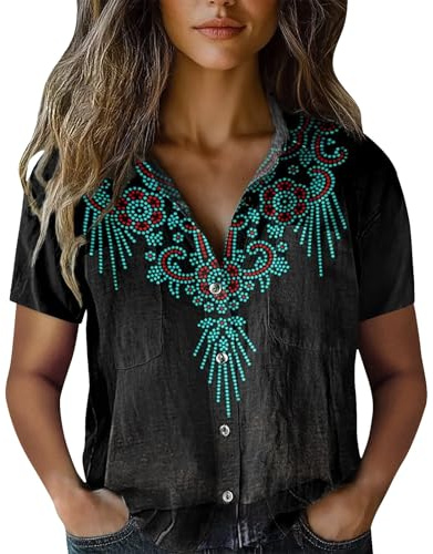 Uwdiohq Camicetta Casual Elegante con Scollo A V Camicia da Donna in Cotone Stampa, alla, Casual, Maniche Corte (Black, XXXXXL) Bianca Blusa Top Estiva Country Camicietta Rossa Mezza Manica