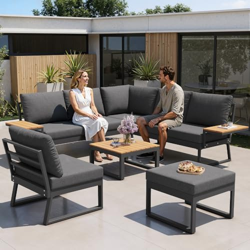 Wyibwy Juegos de Muebles de jardín en L, Conjunto de sofás de Exterior para 6-7 Personas, sillones de jardín con reposabrazos de Madera, Conjunto de tumbonas de Hierro Forjado para Esquina(Gris)