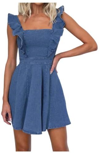Sommarmode Jeansklänning for Kvinnor Casual Flytande Ärmar Jeans Med Öppen Rygg