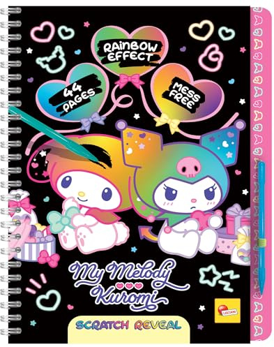 Lisciani - My Melody & Kuromi – Libro da Graffio Hello Kitty per Bambini dai 5 Anni in su – Rivelazione con Graffio con 44 Pagine e Stilo – Effetto Arcobaleno a Colori – attività Creativa Senza