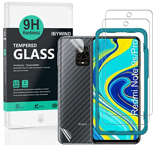 Ibywind Protector de Pantalla para Redmi Note 9S/9 Pro/9 Pro Max [2 Piezas],con Protector de Lente de Cámara,Atrás Pegatina Protectora Fibra de Carbono,Incluyendo Kit de instalación fácil