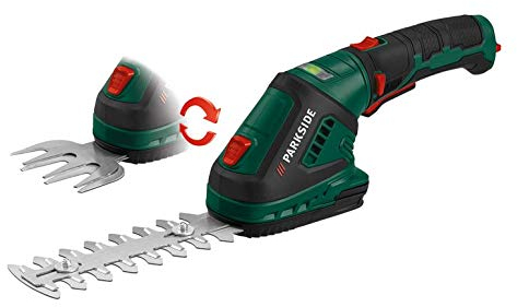 HKM Akku Technik Parkside PGSA 4 - Tijeras para césped y arbustos (mango giratorio, funciona con pilas, cargador USB)