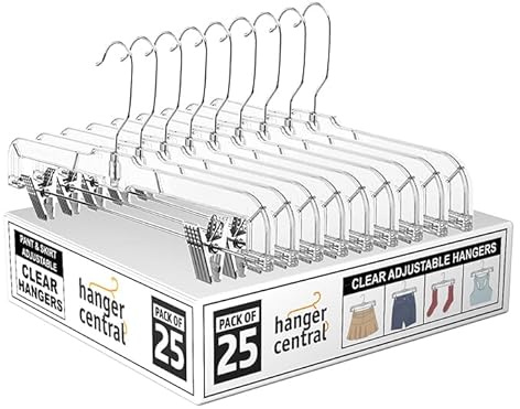Hanger Central Premium 14 Inch Clear Pants Hangers with Adjustable Clips - 25 Pack Space-Saving Skirt Hangers - Non-Slip Heavy Duty Plastic Closet Organizers with 360° Swivel Hook