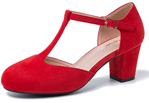 Peijely Damen T-Riemchen Mary Jane Pumps, Blockabsatz, Geschlossener Zeh, Kleidschuhe mit Schnalle, Rotes Wildleder, 42.5 EU
