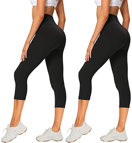 AMIYOYO Pack de 2 leggings para mujer de cintura alta, opacos, elásticos, para yoga, fitness, actividades al aire libre y ocio, Capri Leggings-negro*2, 44-50