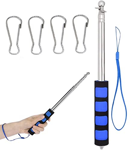 Teleskop Fahnenstange,Handheld Fahnenstange,Edelstahl Tour Guide Fahnenstange,Hand Fahnenstange aus Edelstahl mit 4 Pcs Karabinerhaken für Reisen,Camping,Lehrer,Reiseleiter,Ausflüge,Wettbewerbe,Blau