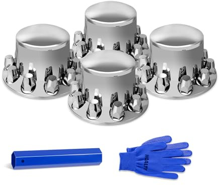 HQALTY Chrome Dome 4 Rear Axle Cover Kit with 32mm/33mm Thread-on Lug Nut Covers with Removable Hub Caps for Semi Truck (Installation Tool Included)