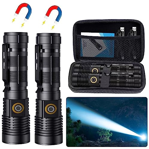 Hoxida Rechargeable Tactical Flashlights High Lumens - 1500 Meters Long Beam Super Bright LED Magnetic Flashlight USB Zoomable 5Modes Small Long Beam Spotlight Flashlight for Hiking, Camping