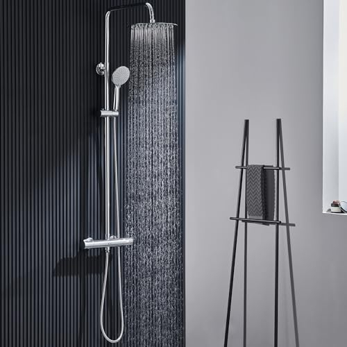 Ulytid Colonna Doccia con Miscelatore Termostatico, Kit Doccia con Soffione e Doccetta, Rubinetto Doccia da Muro, Saliscendi Doccia Regolabile, Sistema Doccia Cromato, Soffione Rotondo 25x25cm