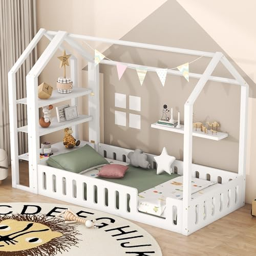 FEZTOY Kinderbett Bett Hausbett 90x200 mit Regalen und Rausfallschutz Bodenbett Bettgestell Flachbetten für Haus Kinder Jungen & Mädchen, ohne Matratze