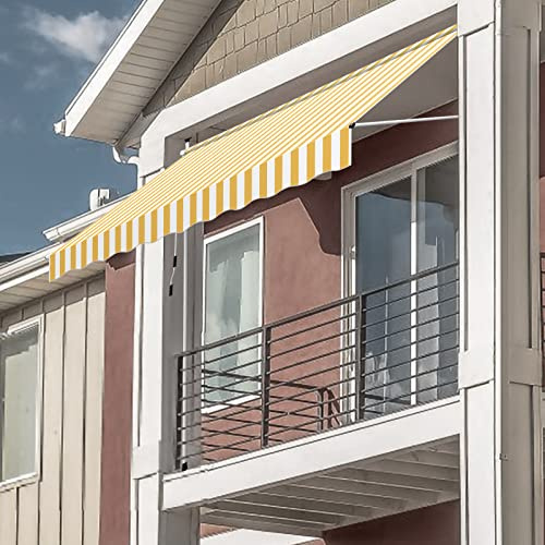 ISOISL Klemmmarkise Markise Balkon 250cm Breit, Balkonmarkise ohne Bohren Handkurbel höhenverstellbar, UV-beständig Sonnenschutz wasserdicht für Terrasse Balkon Veranda, Gelbe-Weiße