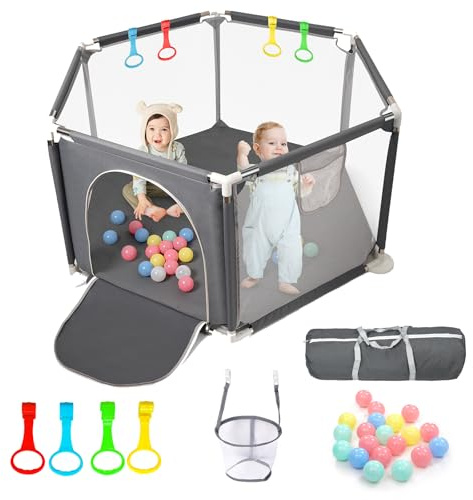 CHOLY Parque infantil para bebés y niños pequeños, parque estable hexagonal con malla transpirable, valla de actividades para niños para interiores y exteriores con bolsa de viaje (Gris oscuro)