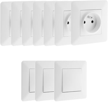 Zenitech, Lot de 7 Prises + 3 Va-et-Vient Blanc, Bornes Automatiques pour Branchement Sécurisé, Plaques Réglables Millimétriques, Prises 2 Pôles + Terre 16A et Monoposte 16A/250V, Max 2300W sous 230V