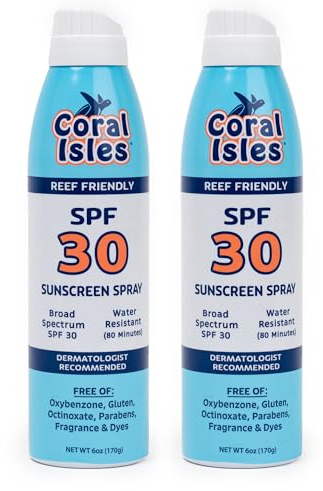 Coral Isles SPF 30 Sunscreen Spray - Hawaii Compliant - Oxybenzone & Octinoxate Free - Broad Spectrum - Water Resistant, 6 Fl Oz (Pack of 2)