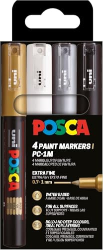 POSCA 186744 - Set di pennarelli POSCA, 4 penne acriliche PC-1MC, pennarello permanente 0,7-1 mm punta tonda